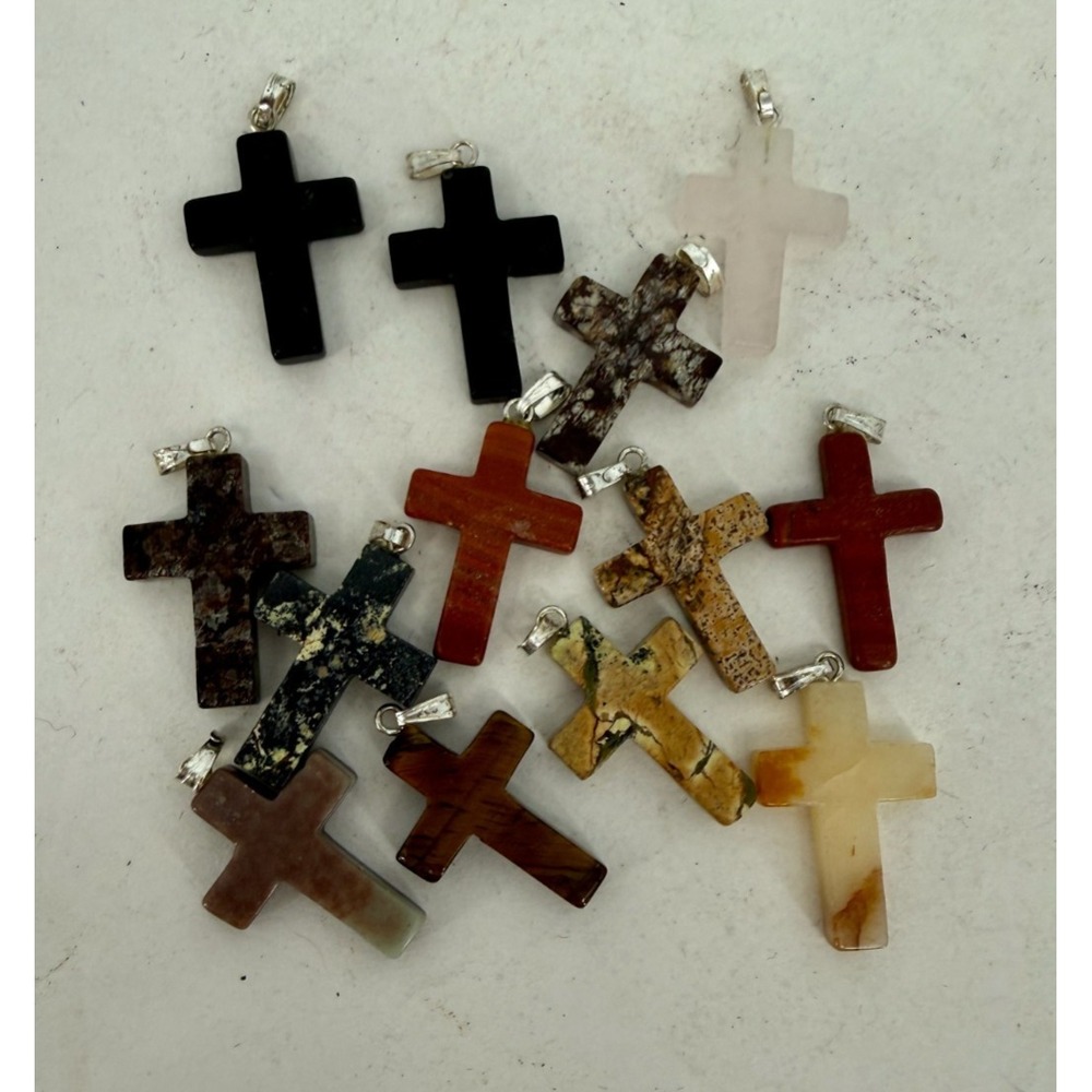 13pcs/lot Mixed Natural Gemstone Cross Pendant Beads Reiki Chakra Healing Stone